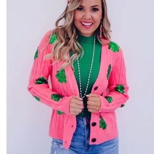 Nwt beautiful pink holiday cardigan with sequin trees size L/XL